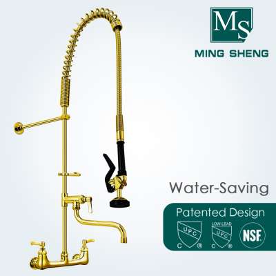 24K Gold Plating Pre rinse Restaurant Double Handle Mixer Kitchen Faucet with Swivel Add on Spout