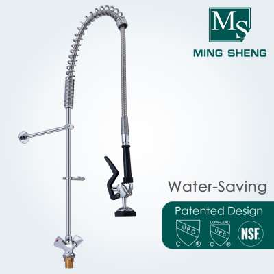 Easy Install Economical Deck Mount Commercial Flexible Hose Pre Rinse Long Neck Kitchen Mixing Faucet with Swivel Spout